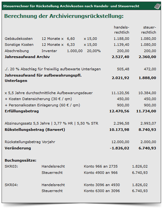 Rückstellungsberechnung nach Handels und nach Steuerrecht